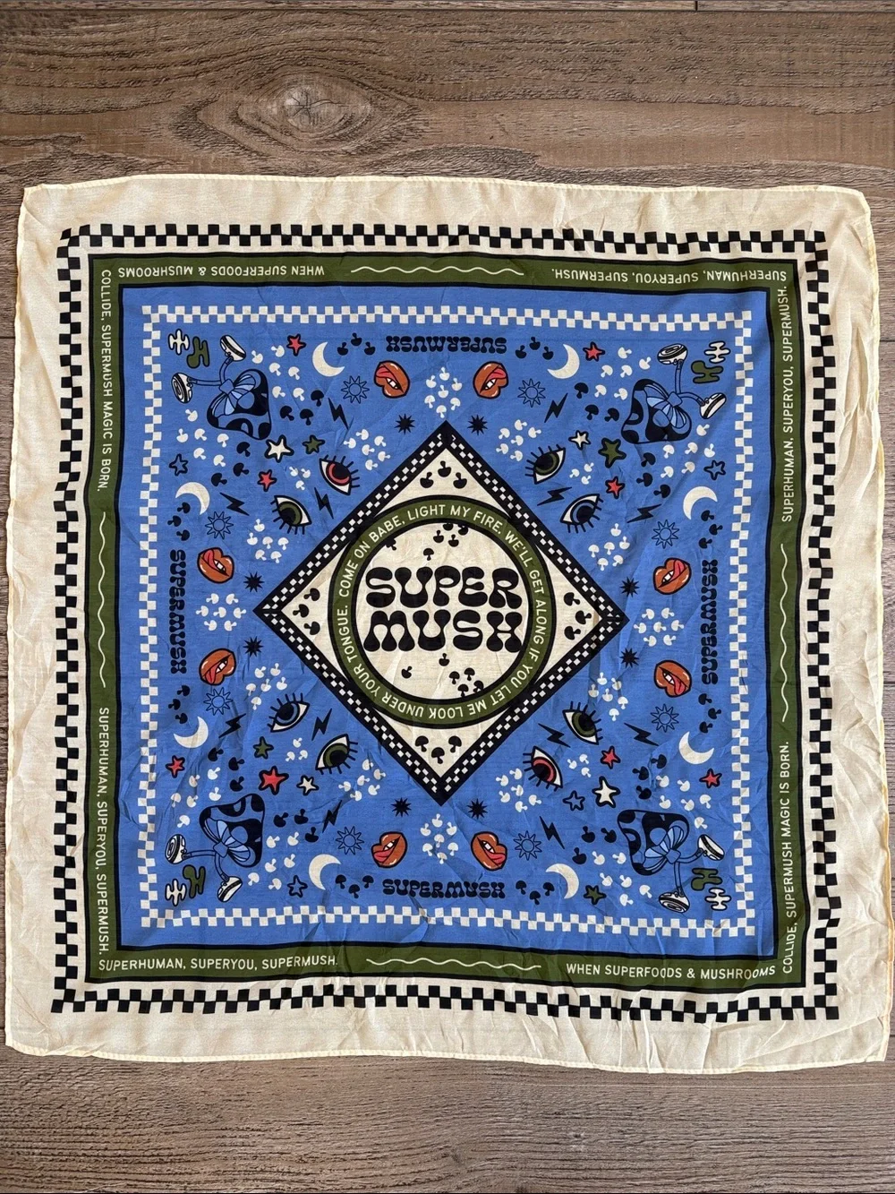 Supermush SuperYou Graphic Bandana Scarf Mushrooms Lips Eyes Moon & Star Print